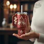 Red travel tumbler with gold Delta Sigma Theta, EST. 1913, large ΔΣΘ letters, two elephants, and 1913 text!