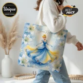 Disney Cinderella Personalized Custom Name Watercolor Floral Tote Bag