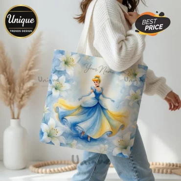 Disney Cinderella Personalized Custom Name Watercolor Floral Tote Bag
