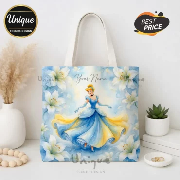 Disney Cinderella Personalized Custom Name Watercolor Floral Tote Bag