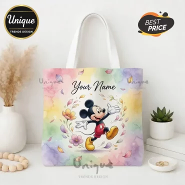 Disney Mickey Mouse Personalized Watercolor Floral Custom Name Tote Bag