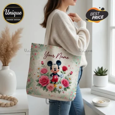 Disney Mickey Mouse Personalized Watercolor Floral Custom Name Tote Bag