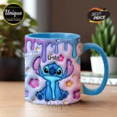 Custom name Emily Stitch mug with blue pink purple drips flowers and stars in a puffy 3D style!