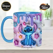 Personalized Stitch mug with name Emily in a 3D puff style with pink, blue, and purple slime drips and hibiscus flowers!