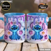Personalized blue Stitch mug with name Emily! 3D puffy design, colorful flowers, and a blue, pink, and purple slime drip top!