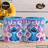 A blue Stitch mug with a 3D puffy design, pink and purple drips, and flowers, personalized with the name Emily!