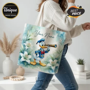 Donald Duck Personalized Custom Name Watercolor Floral Tote Bag