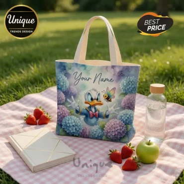 Donald Duck Personalized Custom Name Watercolor Floral Tote Bag