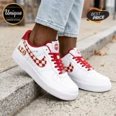 White custom sneakers with red laces, a checkerboard swoosh, and gold Greek letters Delta Sigma Theta ΔΣΘ!