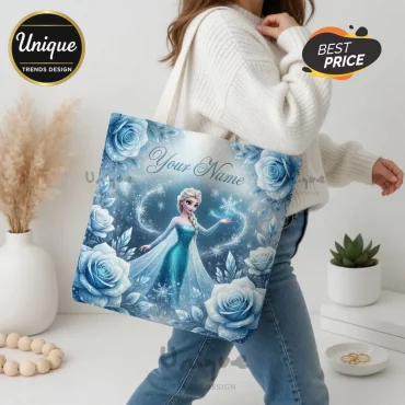 Elsa Frozen Personalized Blue Roses Custom Name Sparkly Tote Bag