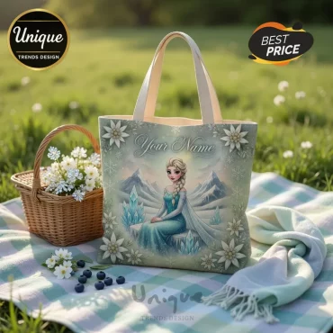 Elsa Frozen Personalized Blue Roses Custom Name Sparkly Tote Bag