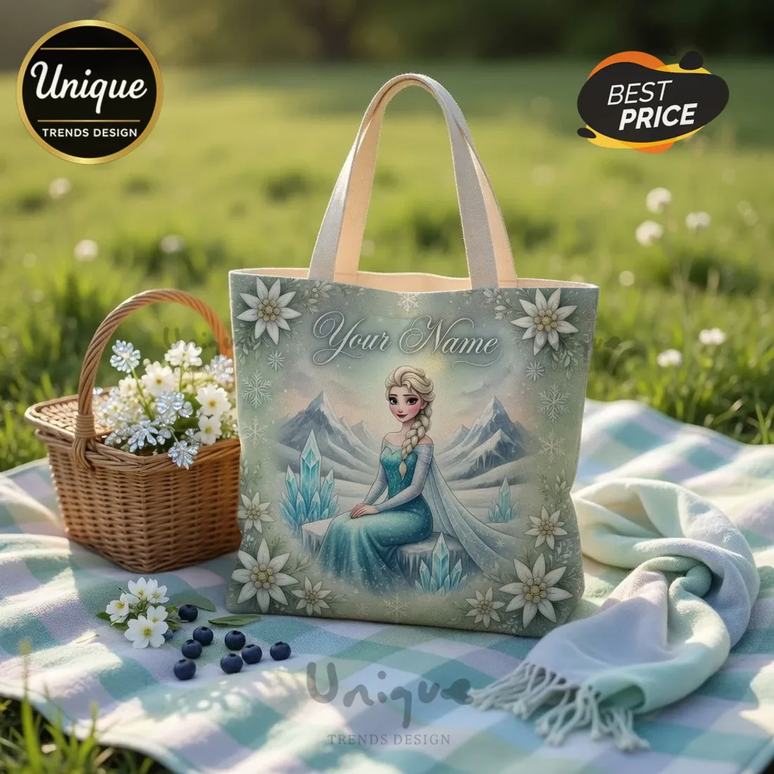 Elsa Frozen Personalized Blue Roses Custom Name Sparkly Tote Bag Elsa Frozen Personalized Blue Roses Custom Name Sparkly Tote Bag
