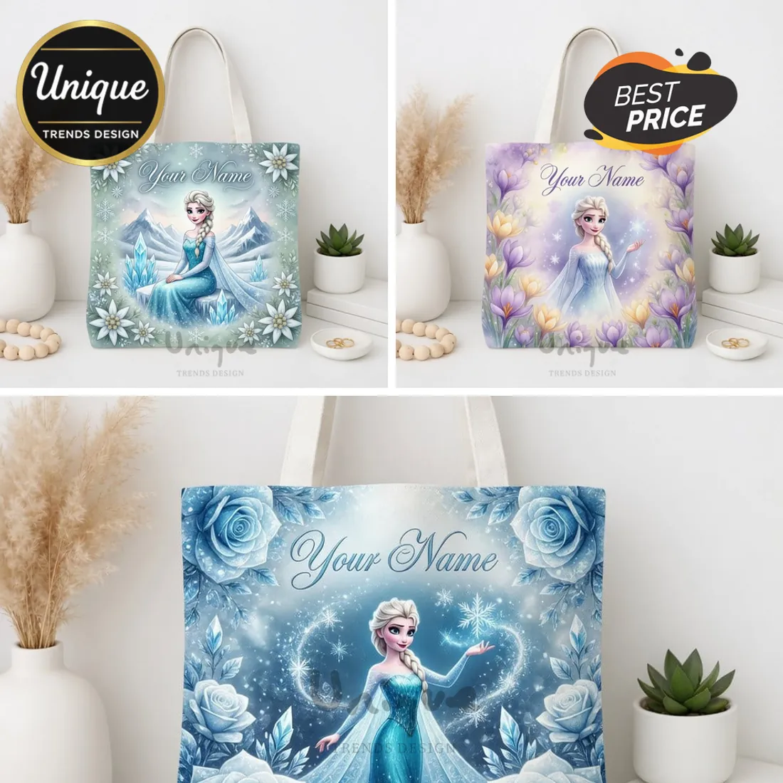 Elsa Frozen Personalized Blue Roses Custom Name Sparkly Tote Bag Elsa Frozen Personalized Blue Roses Custom Name Sparkly Tote Bag