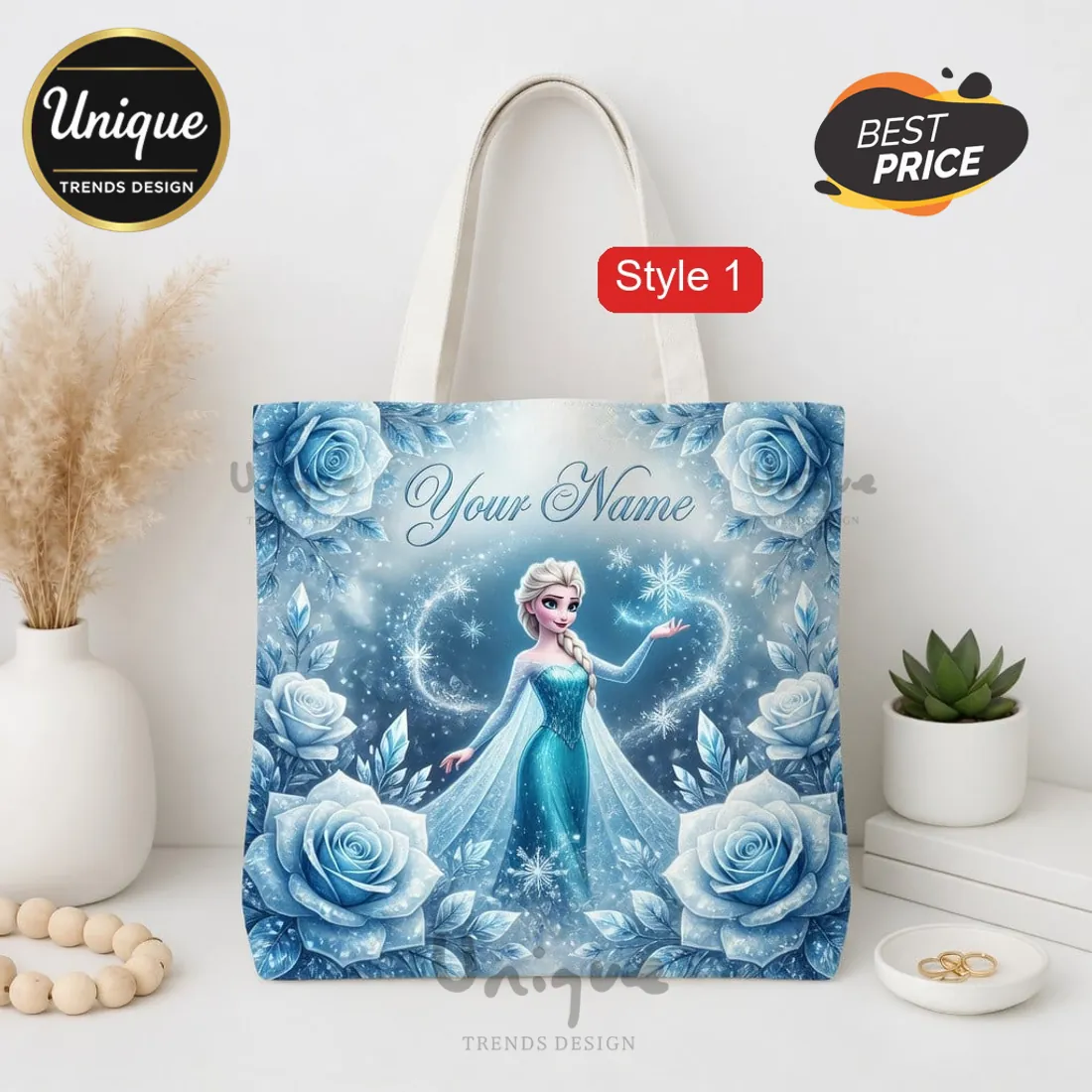 Elsa Frozen Personalized Blue Roses Custom Name Sparkly Tote Bag Elsa Frozen Personalized Blue Roses Custom Name Sparkly Tote Bag