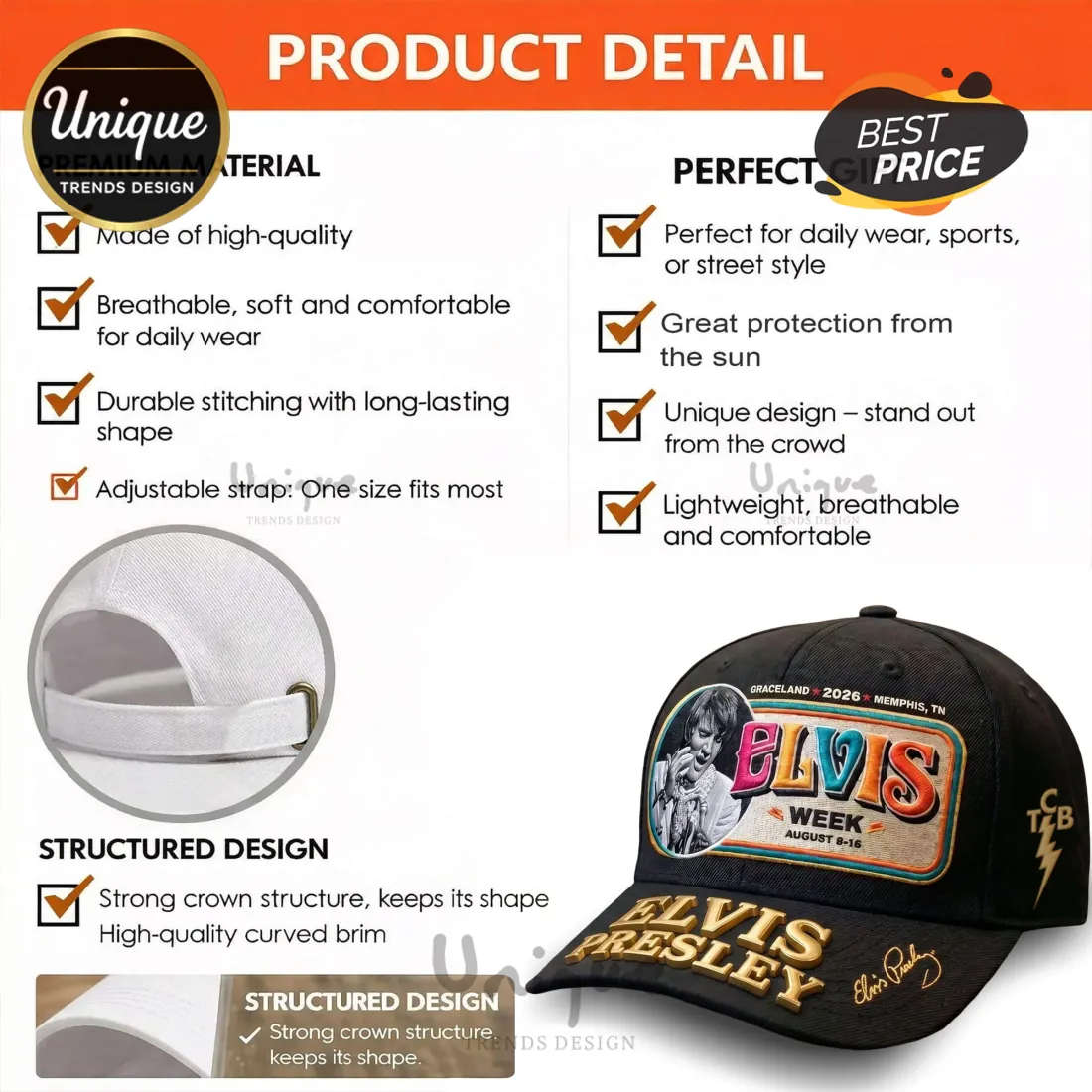 Elvis Week 2026 Memphis TCB Premium Embroidered Patch Baseball Cap Elvis Week 2026 Memphis TCB Premium Embroidered Patch Baseball Cap