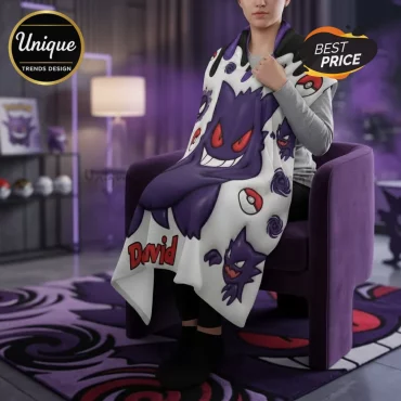 Gengar Pokémon Personalized Blanket, 3D Drip Design Custom Purple Throw