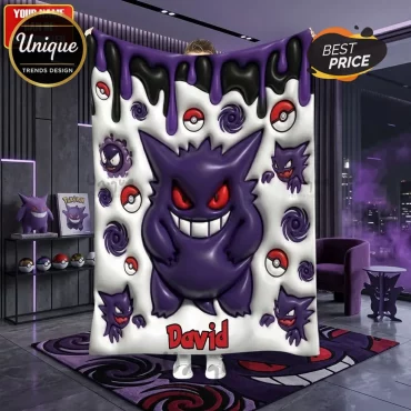 Gengar Pokémon Personalized Blanket, 3D Drip Design Custom Purple Throw