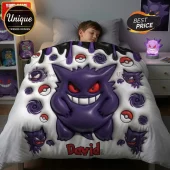 Personalized Gengar Pokémon bedspread in purple and white with red eyes, Poké Balls, and the name David in red letters!
