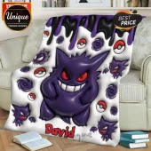 Personalized Gengar blanket with a 3D purple ghost monster, red Poké Balls, and the custom name 'David' on a white throw!
