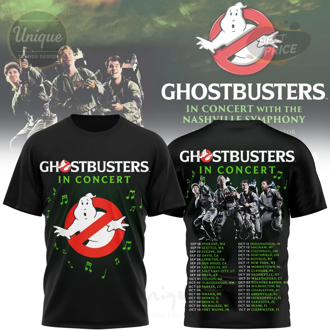 Ghostbusters In Concert Tour Dates Black T-Shirt Ghostbusters In Concert Tour Dates Black T-Shirt