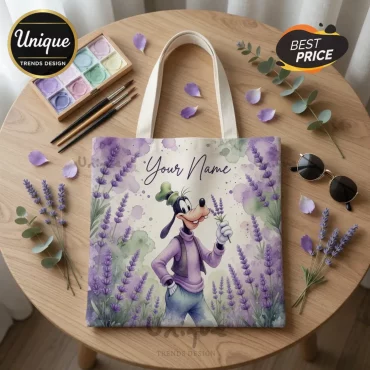 Goofy Disney Personalized Lavender Floral Watercolor Custom Name Tote Bag