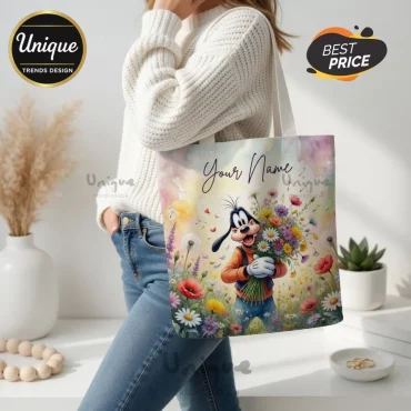 Goofy Disney Personalized Lavender Floral Watercolor Custom Name Tote Bag