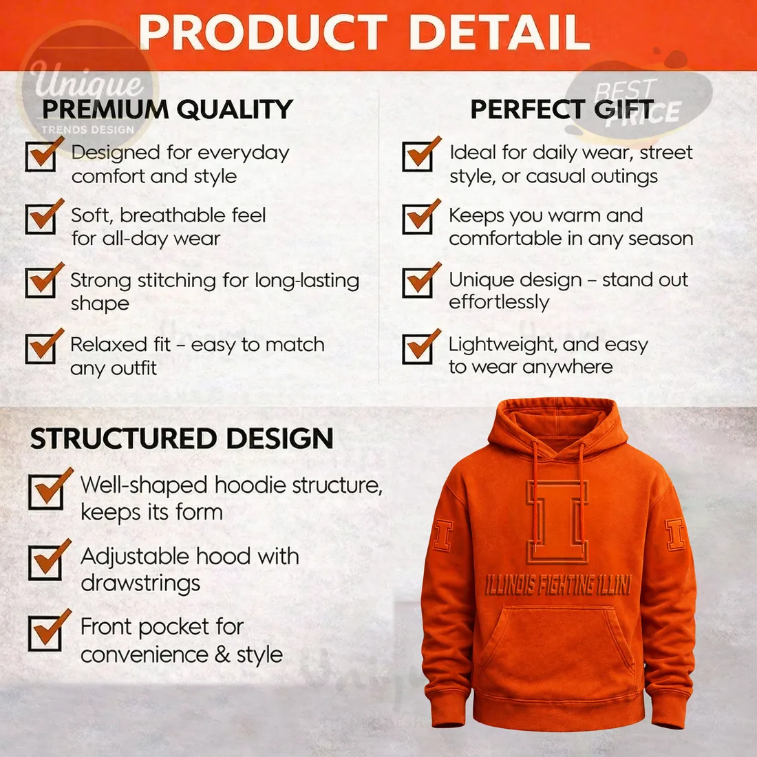 Illinois Fighting Illini Embossed Logo Premium Hoodie Illinois Fighting Illini Embossed Logo Premium Hoodie