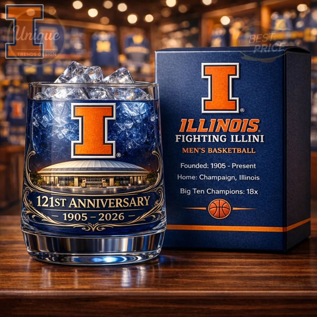 Illinois Fighting Illini Men’s Basketball 121st Anniversary Crystal Whiskey Glass Illinois Fighting Illini Men’s Basketball 121st Anniversary Crystal Whiskey Glass