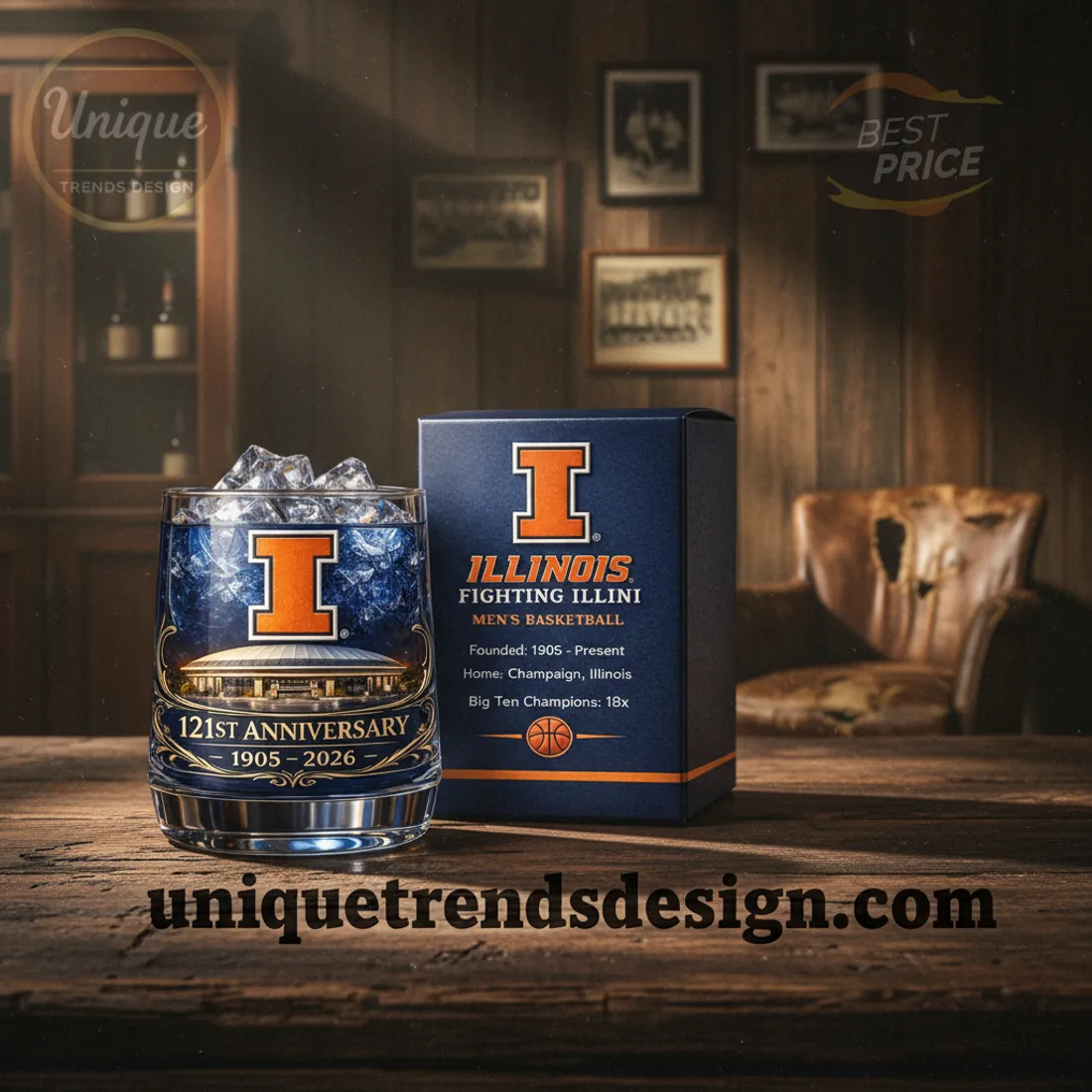Illinois Fighting Illini Men’s Basketball 121st Anniversary Crystal Whiskey Glass Illinois Fighting Illini Men’s Basketball 121st Anniversary Crystal Whiskey Glass