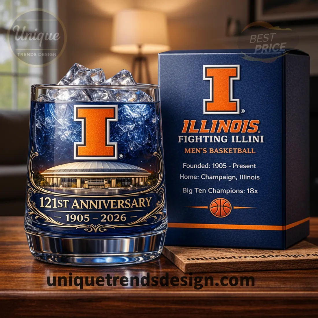 Illinois Fighting Illini Men's Basketball 121st Anniversary Crystal Whiskey Glass