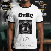 White ringer tee with black 'Bully' text in gothic font and a black and white photo of a snarling mouth with a grill!