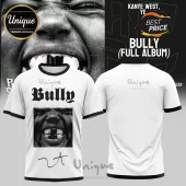 White ringer tee with black 'Bully' text in a gothic font and a black and white photo of a man shouting with a cross grill!