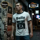 White ringer tee with black trim and a graphic print! Features the word 'Bully' in gothic font over a B&W photo of a snarling face!