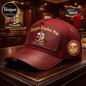 Crimson red Kappa Alpha Psi hat with leather brim and patch! Features fraternity crest, ΚΑΨ letters, and Est 1911 text!