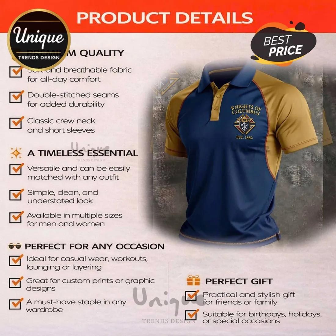 Knights of Columbus Gold & Navy Men’s Polo Shirt Knights of Columbus Gold & Navy Men’s Polo Shirt