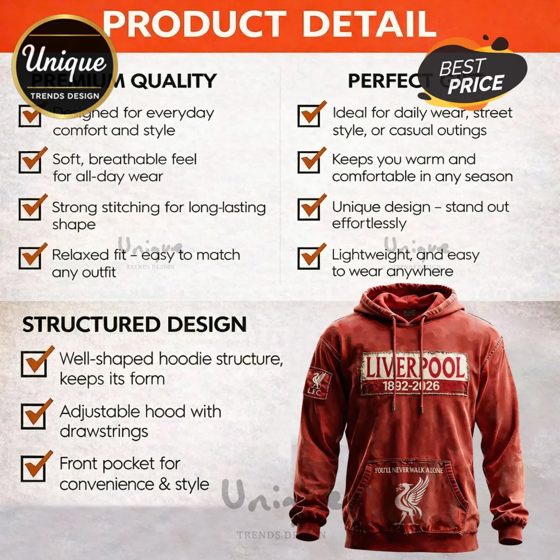 Liverpool Football Club 1892-2026 Distressed Hoodie Liverpool Football Club 1892-2026 Distressed Hoodie