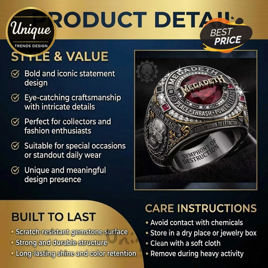 Megadeth Rust in Peace Legacy Skull Thrash Metal Gemstone Ring Megadeth Rust in Peace Legacy Skull Thrash Metal Gemstone Ring