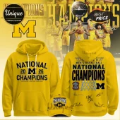 Yellow hoodie with black text 'National 20M26 Champions' and Michigan M logo, 2026 NCAA Men's Basketball Championship merch!