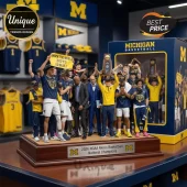 Michigan basketball team statue in blue and yellow celebrating as 2026 NCAA Men's Basketball National Champions with a trophy!