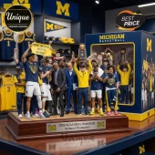 Michigan basketball team figurine in blue and yellow holding trophies! Plaque reads '2026 NCAA Men's Basketball National Champions'!