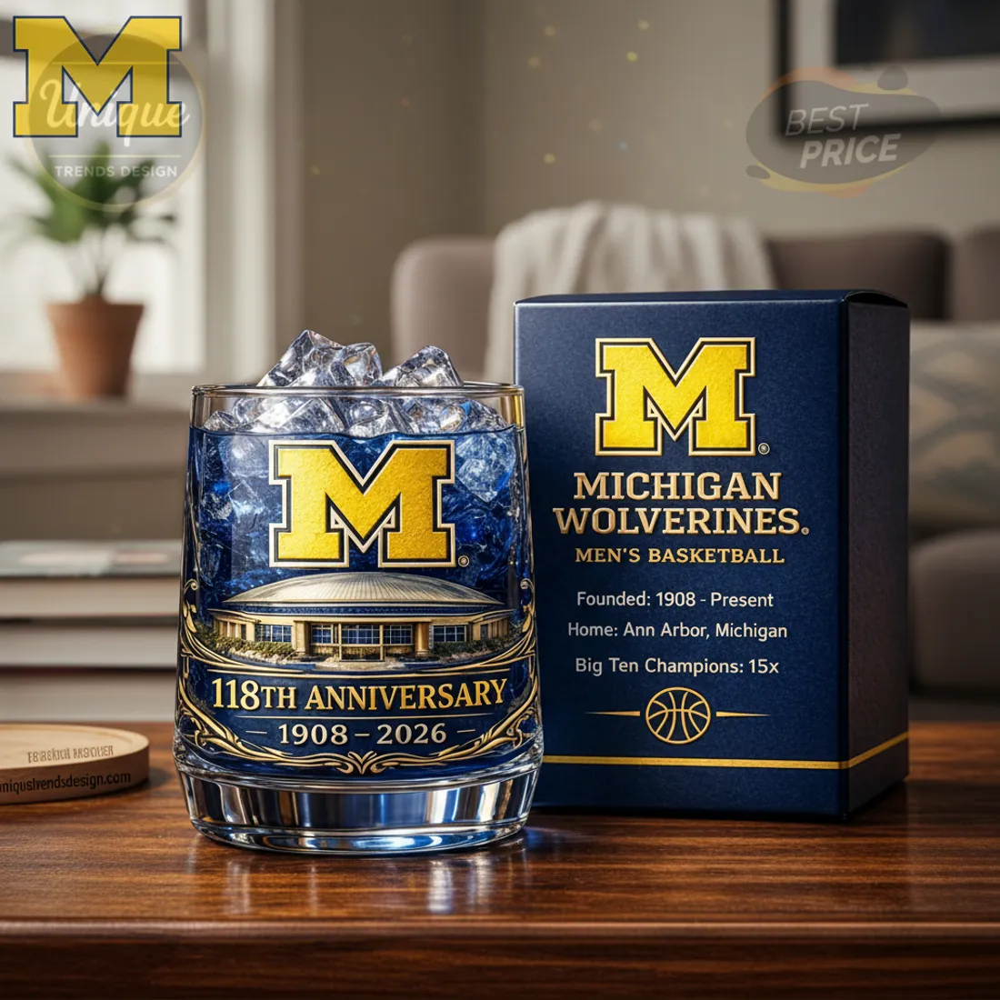 Michigan Wolverines 118th Anniversary Men's Basketball Whiskey Glass
