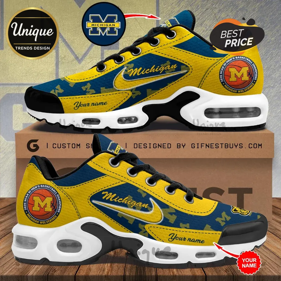 Michigan Wolverines 2026 Basketball Champions Air Max Plus Sneakers Michigan Wolverines 2026 Basketball Champions Air Max Plus Sneakers