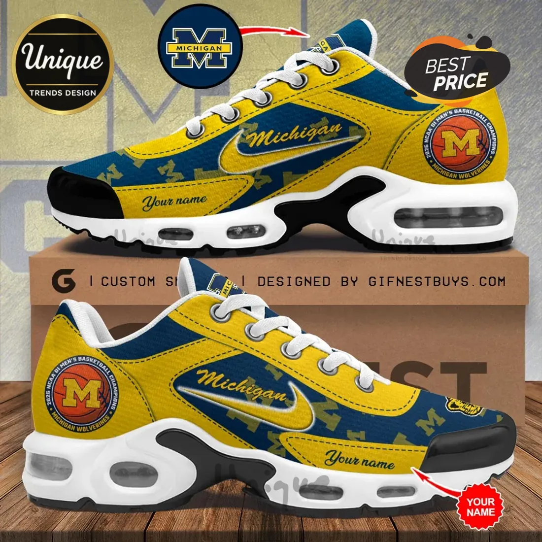 Michigan Wolverines 2026 Basketball Champions Air Max Plus Sneakers Michigan Wolverines 2026 Basketball Champions Air Max Plus Sneakers