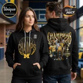 Black hoodie with gold 2026 National Champs text and Michigan M logo! Back shows the team photo with the NCAA trophy!