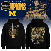 Black hoodie with yellow Michigan 'M' logo and '2026 National Champs' text on front and back team photo championship graphic!