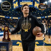 Black hoodie with gold and white text: 2026 Women's Basketball National Champs and a yellow M logo for Michigan fans!