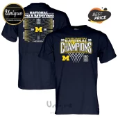 Navy blue Michigan Wolverines 2026 National Champions t-shirt with front text and back bracket design in yellow and white!