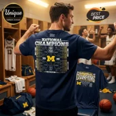Navy t-shirt with 2026 NCAA National Champions graphic, Michigan M logo, and a yellow and white tournament bracket design!