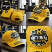 Yellow Michigan Wolverines 2026 National Champions hat with blue text 'GO BLUE' on back and Jumpman logo on the side!