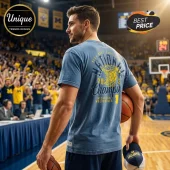 Blue t-shirt with NCAA Men's Basketball National 2024 Champions Michigan Wolverines text and yellow basketball net graphic!
